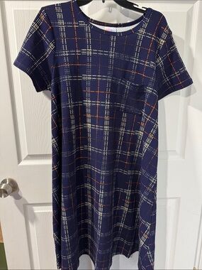 LuLaRoe Navy Plaid Midi Dress with White and Orange Accents